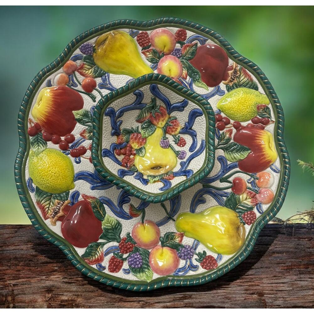 FITZ & FLOYD Classic FRUIT SERVER DISH PLATTER CHIP DIP TRAY apple pear berries